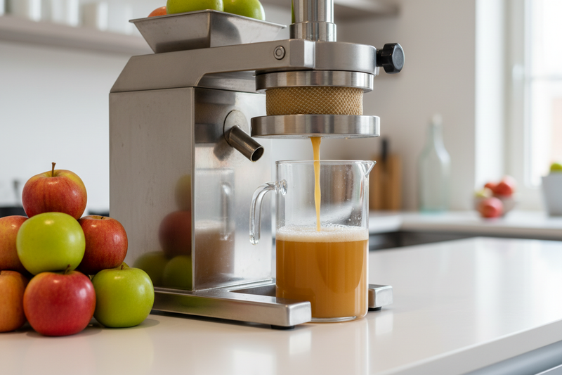 Image of European cold-press machine pressing apple juice in 3:2 format